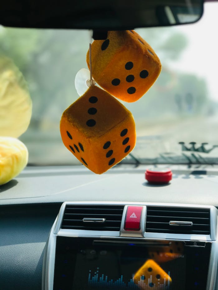 services-06 Fuzzy dice hanging from a car's rearview mirror with blurred road view.